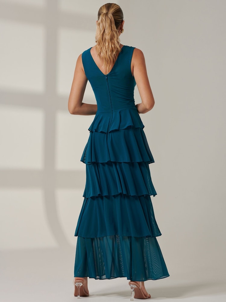 Jolie Moi Mid Blue Plain Tiered Mesh Maxi Dress - Image 2 of 6