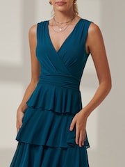 Jolie Moi Mid Blue Plain Tiered Mesh Maxi Dress - Image 3 of 6