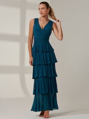 Jolie Moi Mid Blue Plain Tiered Mesh Maxi Dress - Image 4 of 6