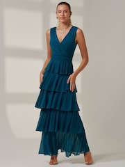 Jolie Moi Mid Blue Plain Tiered Mesh Maxi Dress - Image 5 of 6