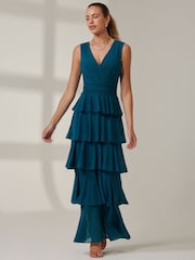 Jolie Moi Mid Blue Plain Tiered Mesh Maxi Dress - Image 6 of 6