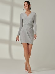 Jolie Moi Silver Long Sleeve Knee Length Dress - Image 1 of 5