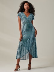 Jolie Moi Blue Geo Print Ruffle Hem Mesh Maxi Dress - Image 1 of 6