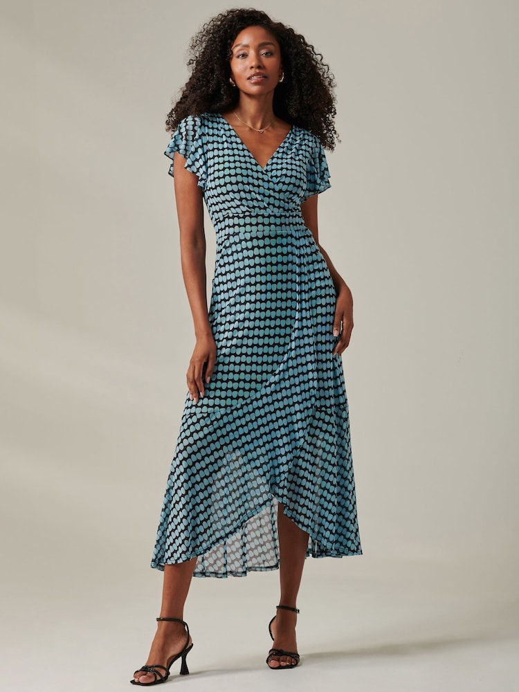 Jolie Moi Blue Geo Print Ruffle Hem Mesh Maxi Dress - Image 1 of 6
