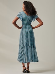 Jolie Moi Blue Geo Print Ruffle Hem Mesh Maxi Dress - Image 2 of 6