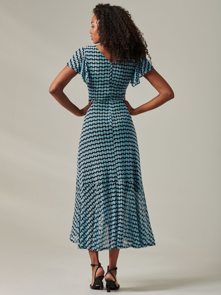 Jolie Moi Blue Geo Print Ruffle Hem Mesh Maxi Dress - Image 2 of 6