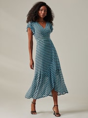 Jolie Moi Blue Geo Print Ruffle Hem Mesh Maxi Dress - Image 4 of 6