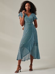 Jolie Moi Blue Geo Print Ruffle Hem Mesh Maxi Dress - Image 5 of 6