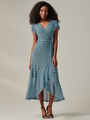 Jolie Moi Blue Geo Print Ruffle Hem Mesh Maxi Dress - Image 6 of 6