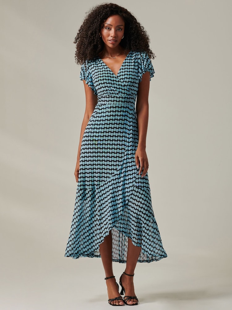 Jolie Moi Blue Geo Print Ruffle Hem Mesh Maxi Dress - Image 6 of 6