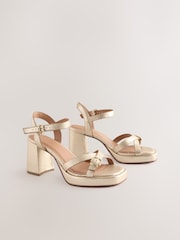 Gold Forever Comfort® Leather Square Toe Strappy Buckle Detail Platform Block Heels - Image 4 of 8