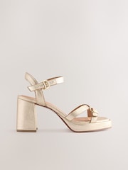 Gold Forever Comfort® Leather Square Toe Strappy Buckle Detail Platform Block Heels - Image 5 of 8