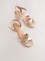 Gold Forever Comfort® Leather Square Toe Strappy Buckle Detail Platform Block Heels - Image 6 of 8