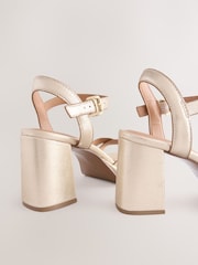 Gold Forever Comfort® Leather Square Toe Strappy Buckle Detail Platform Block Heels - Image 7 of 8