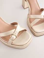 Gold Forever Comfort® Leather Square Toe Strappy Buckle Detail Platform Block Heels - Image 8 of 8