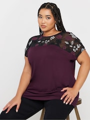 Yours Curve Purple Embellished 3/4 Sleeve Top - Image 1 of 5