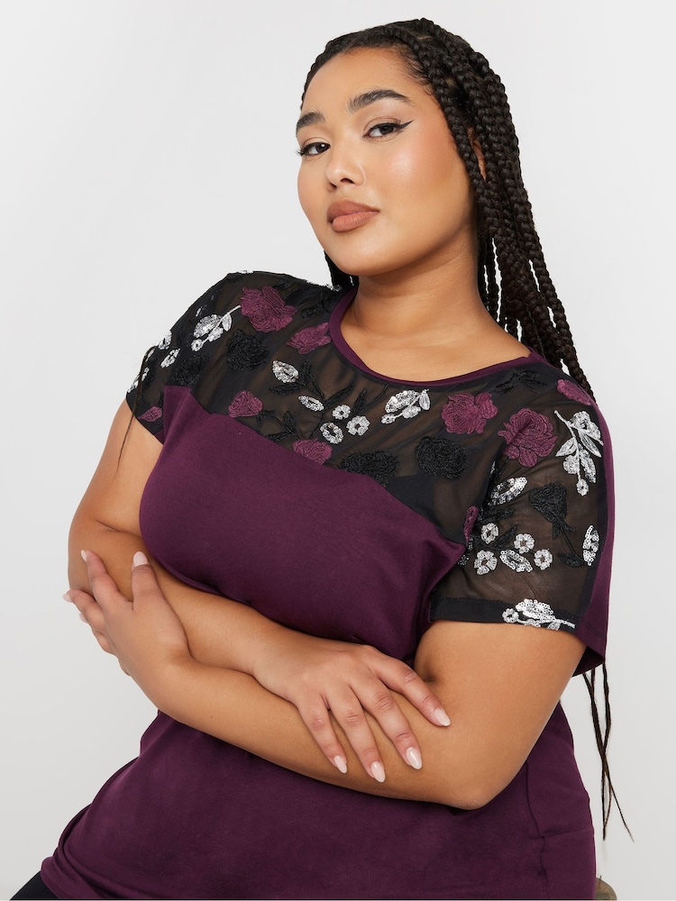 Yours Curve Purple Embellished 3/4 Sleeve Top - Image 2 of 5