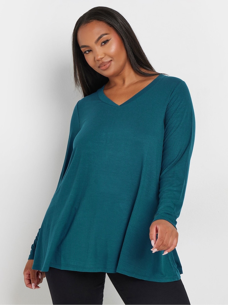 Yours Curve Blue Ribbed Elevated Long Sleeve Top - Image 1 of 5