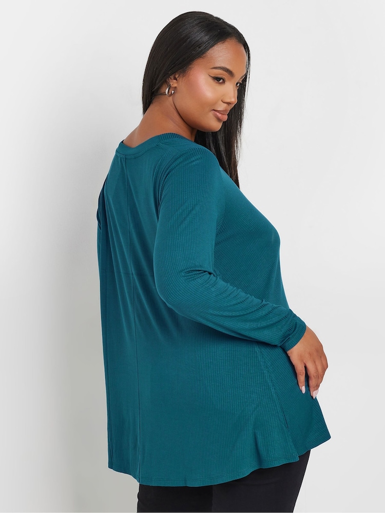 Yours Curve Blue Ribbed Elevated Long Sleeve Top - Image 2 of 5