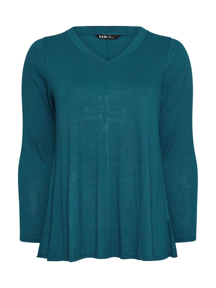 Yours Curve Blue Ribbed Elevated Long Sleeve Top - Image 5 of 5