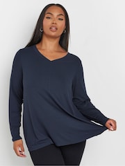 Yours Curve Blue Ribbed Elevated Long Sleeve Top - Image 1 of 5