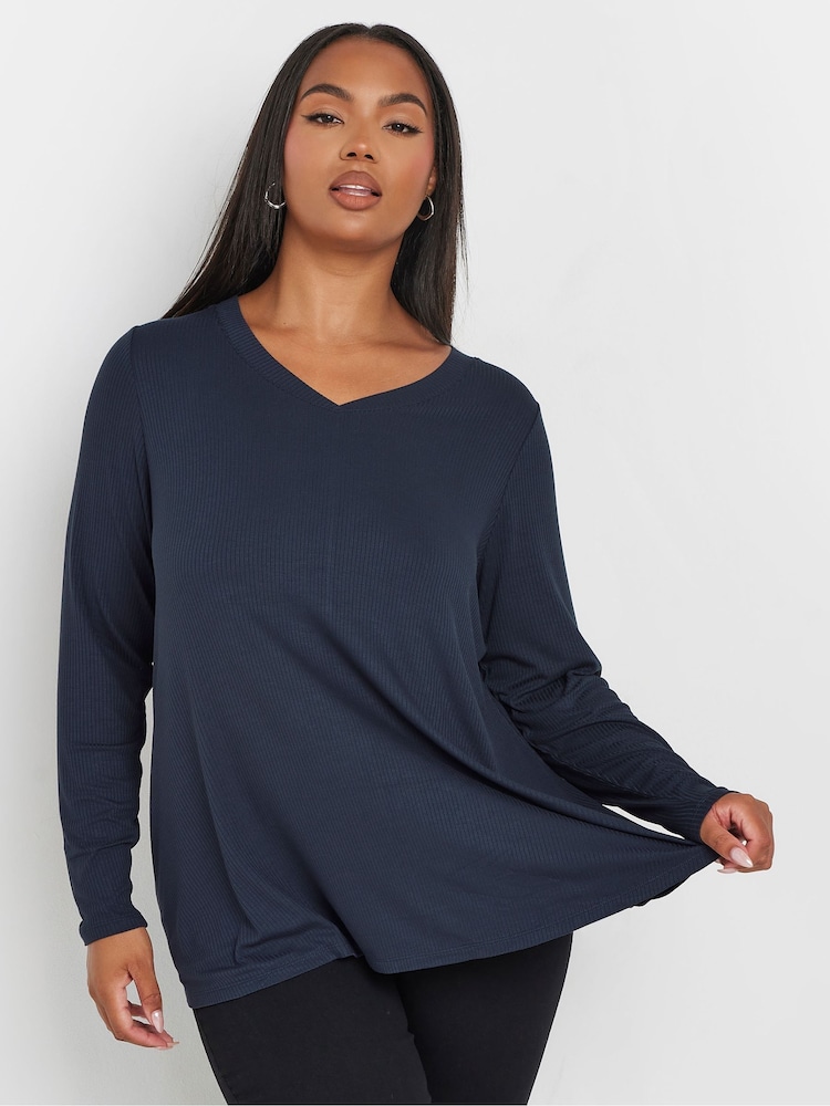 Yours Curve Blue Ribbed Elevated Long Sleeve Top - Image 1 of 5