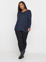 Yours Curve Blue Ribbed Elevated Long Sleeve Top - Image 2 of 5