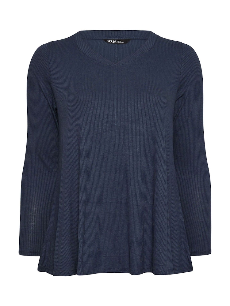 Yours Curve Blue Ribbed Elevated Long Sleeve Top - Image 5 of 5