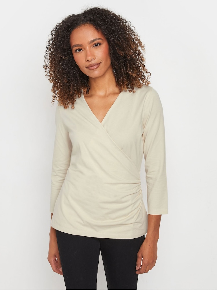 M&Co Cream 3/4 Sleeve Wrap Top - Image 1 of 7 M&Co Cream 3/4 Sleeve Wrap Top - Image 1 of 7