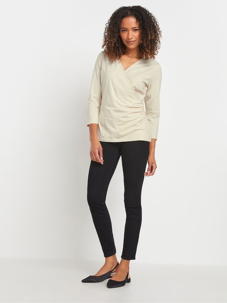 M&Co Cream 3/4 Sleeve Wrap Top - Image 2 of 7 M&Co Cream 3/4 Sleeve Wrap Top - Image 2 of 7