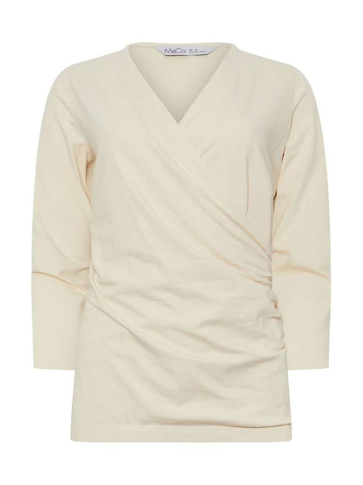M&Co Cream 3/4 Sleeve Wrap Top - Image 5 of 5
