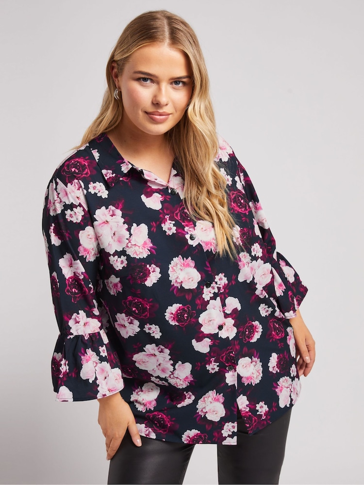 Yours Curve Black London Floral Print Ruffle Sleeve Shirt - Image 1 of 6