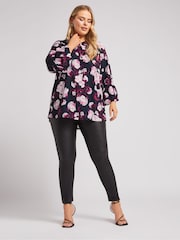 Yours Curve Black London Floral Print Ruffle Sleeve Shirt - Image 2 of 6