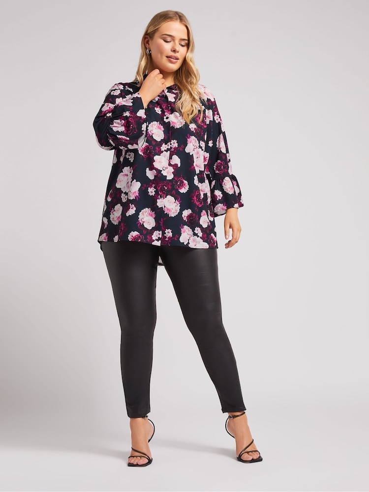 Yours Curve Black London Floral Print Ruffle Sleeve Shirt - Image 2 of 6