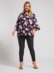 Yours Curve Black London Floral Print Ruffle Sleeve Shirt - Image 3 of 6