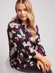 Yours Curve Black London Floral Print Ruffle Sleeve Shirt - Image 5 of 6