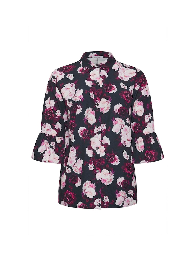 Yours Curve Black London Floral Print Ruffle Sleeve Shirt - Image 6 of 6