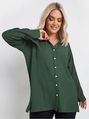 Yours Curve Green Diamante Button Textured Shirt - Image 1 of 5