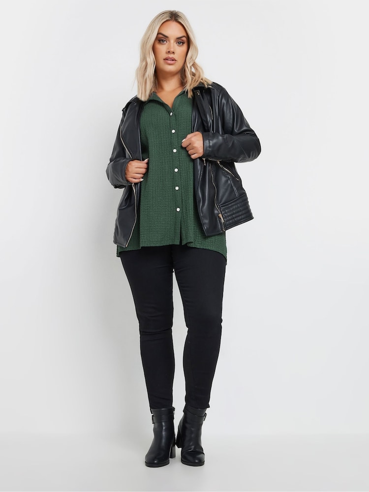 Yours Curve Green Diamante Button Textured Shirt - Image 2 of 5