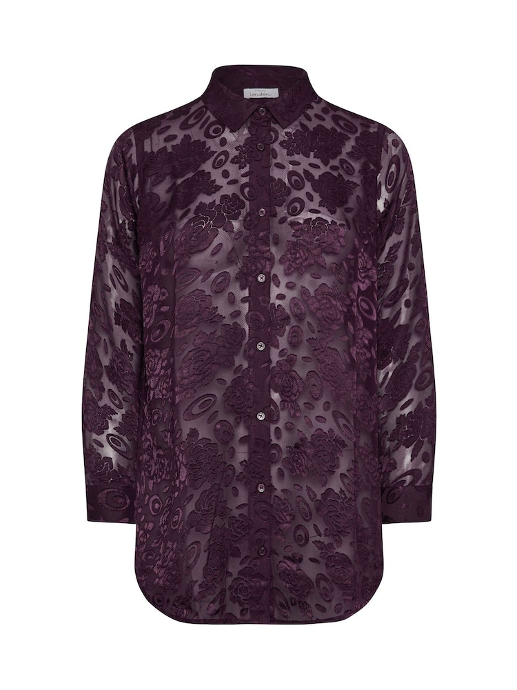 Yours Curve Purple London Floral Print Burnout Shirt - Image 5 of 5