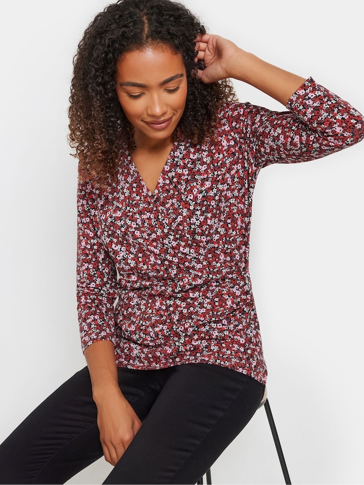M&Co Red Ditsy 3/4 Sleeve Wrap Top - Image 1 of 5 M&Co Red Ditsy 3/4 Sleeve Wrap Top - Image 1 of 5