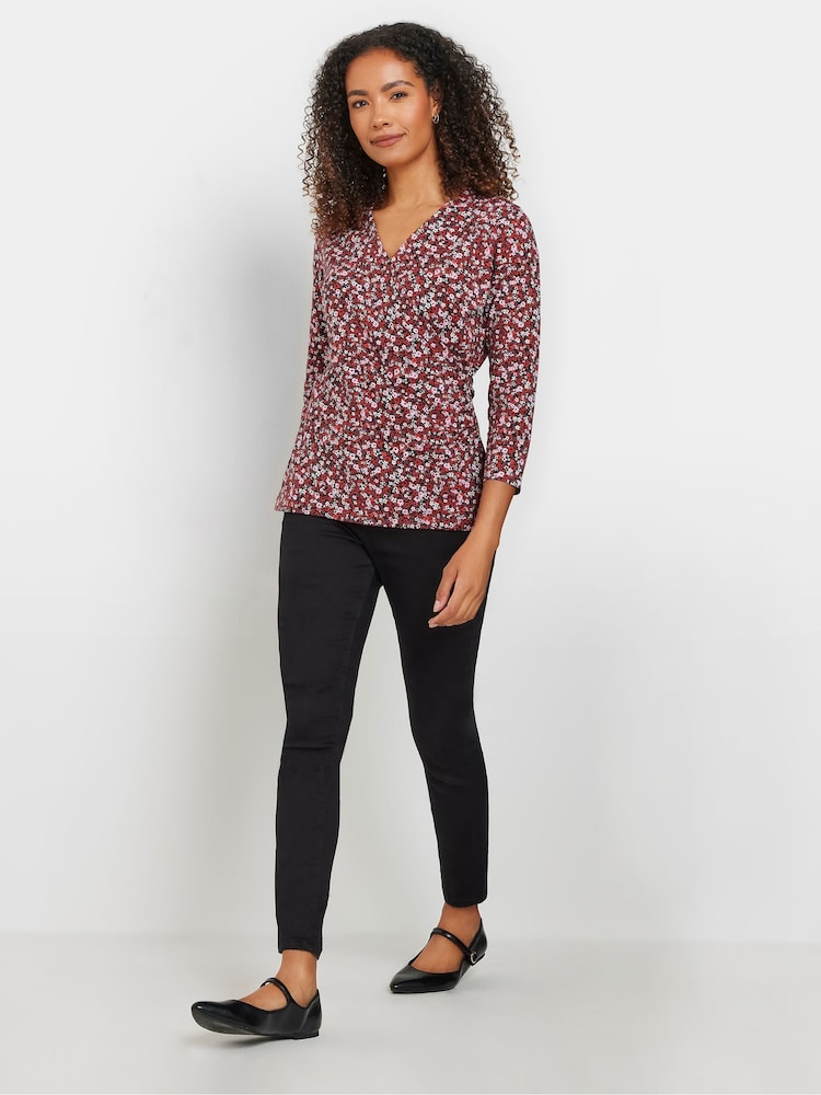 M&Co Red Ditsy 3/4 Sleeve Wrap Top - Image 2 of 5 M&Co Red Ditsy 3/4 Sleeve Wrap Top - Image 2 of 5