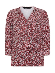 M&Co Red Ditsy 3/4 Sleeve Wrap Top - Image 5 of 5