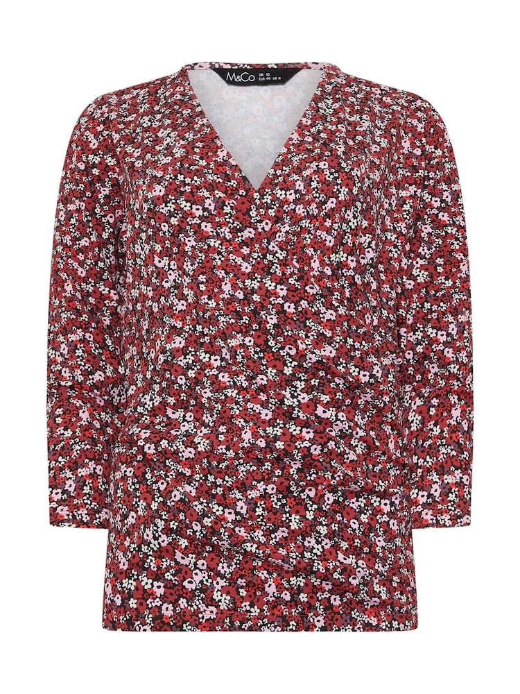 M&Co Red Ditsy 3/4 Sleeve Wrap Top - Image 5 of 5 M&Co Red Ditsy 3/4 Sleeve Wrap Top - Image 5 of 5