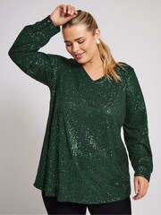 Grün - Yours Curve London Sequin V-Neck Long Sleeve Top - Bild 1 von 5
