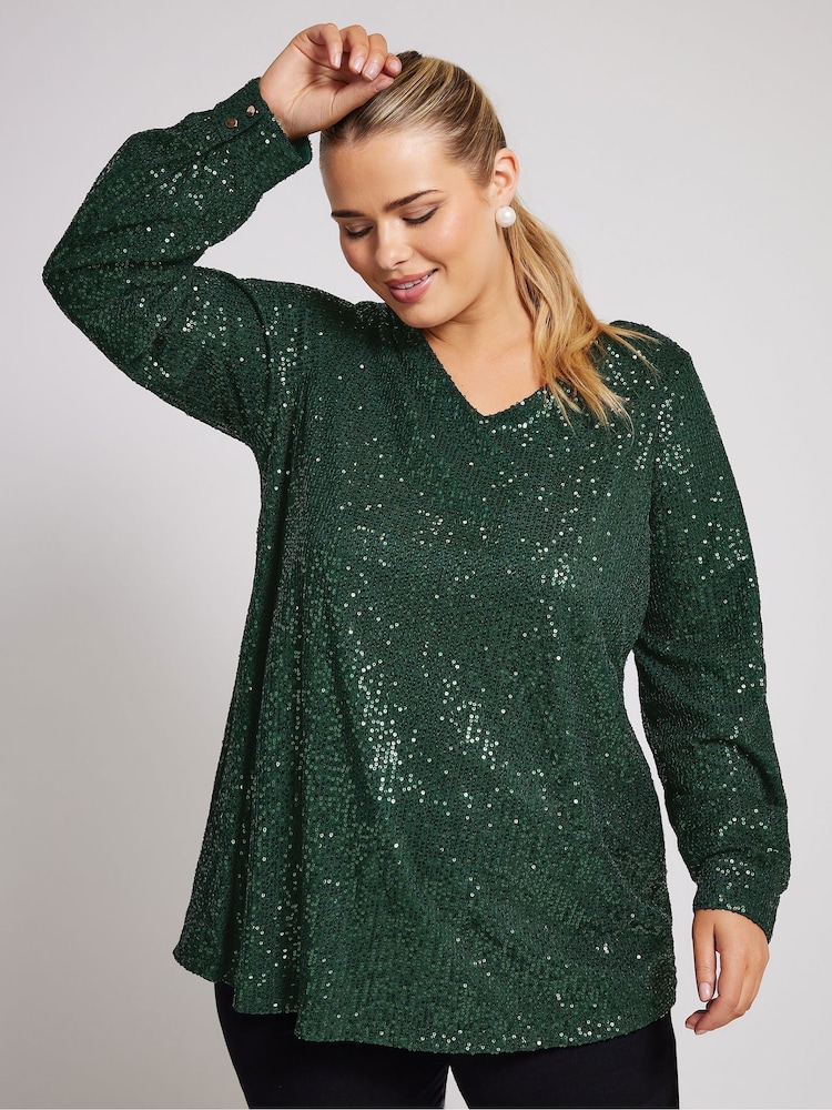 Grün - Yours Curve London Sequin V-Neck Long Sleeve Top - Bild 1 von 5