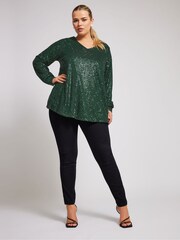 Grün - Yours Curve London Sequin V-Neck Long Sleeve Top - Bild 2 von 5