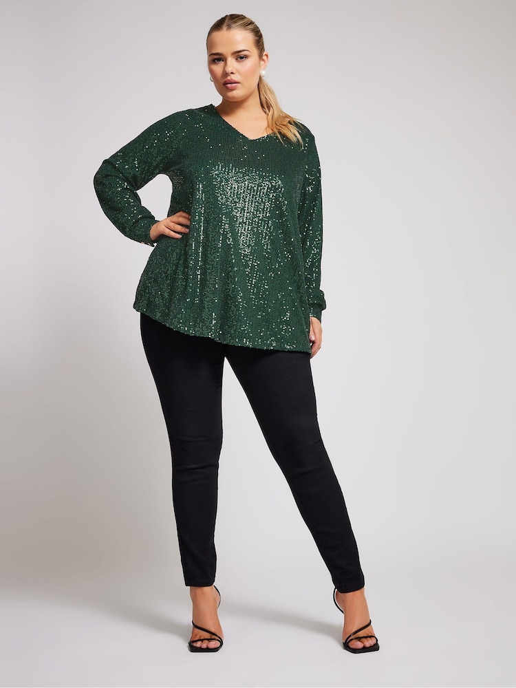 Grün - Yours Curve London Sequin V-Neck Long Sleeve Top - Bild 2 von 5
