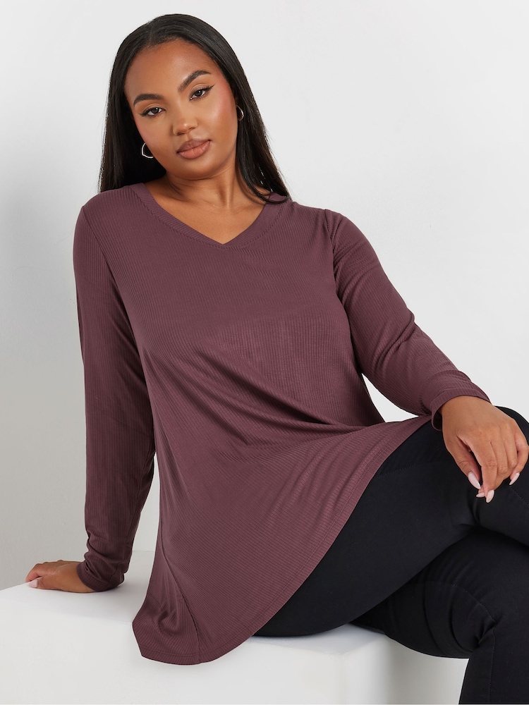 Yours Curve Purple Ribbed Elevated Long Sleeve Top - Image 1 of 5