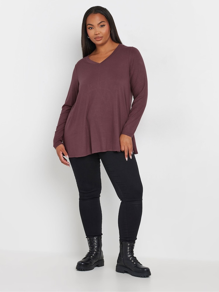 Yours Curve Purple Ribbed Elevated Long Sleeve Top - Image 2 of 5